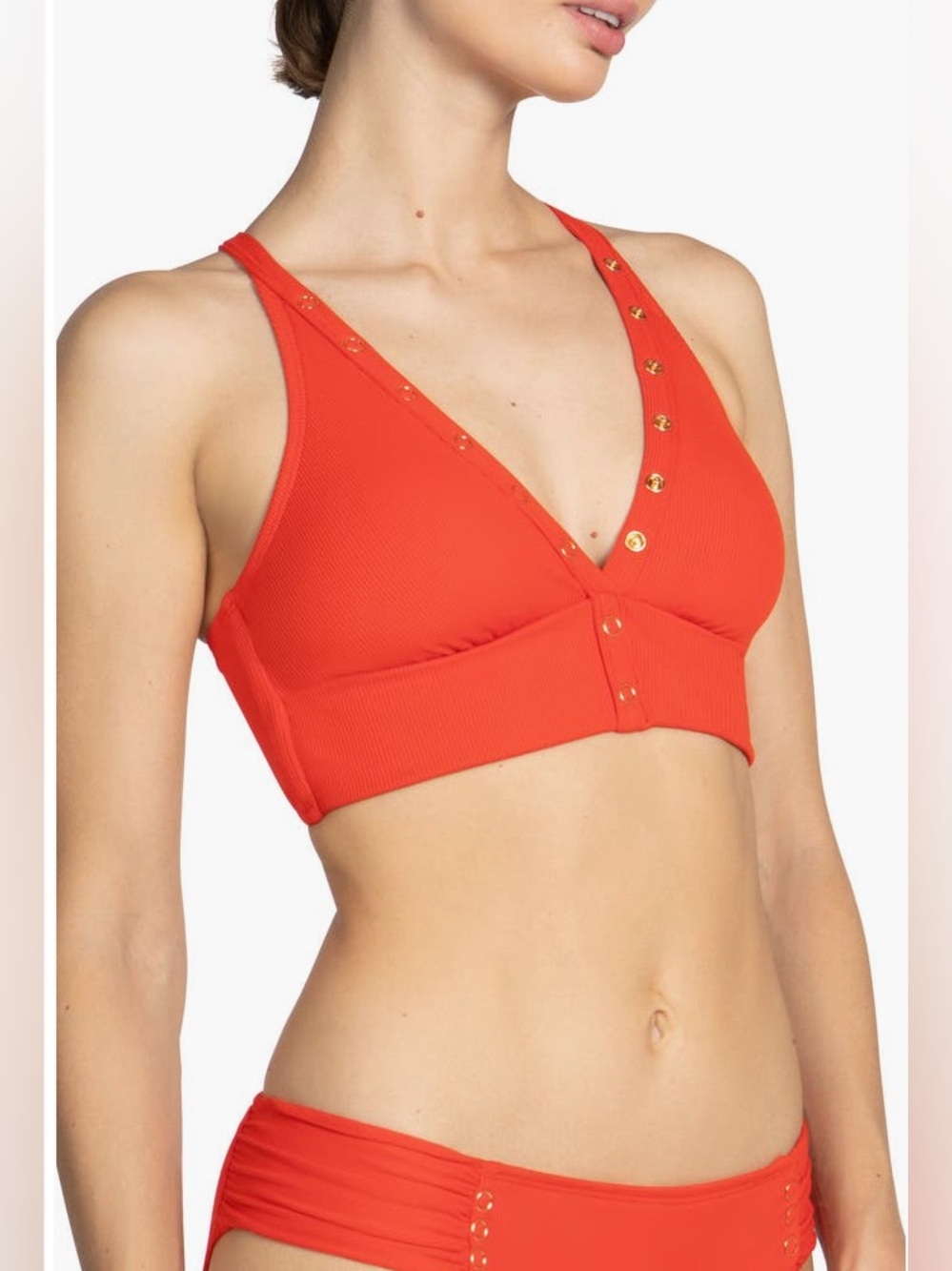 Robin Piccone Amy hRed Ribbed Bikini Set wSnap-Accent High-Waist Bottom